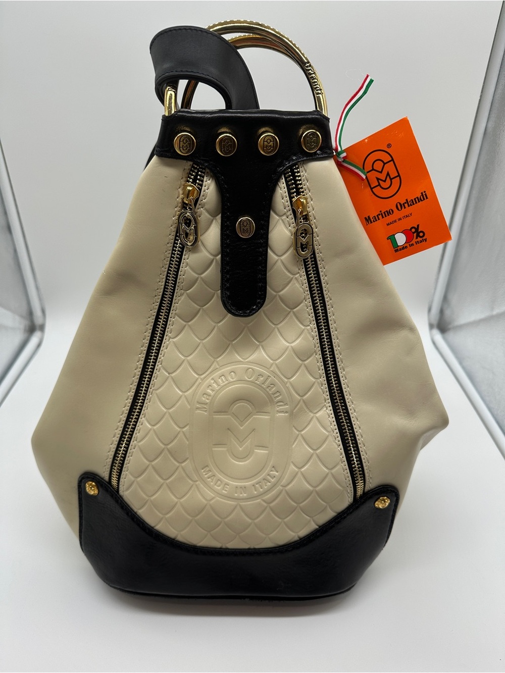 Marino Orlandi Cream and Black Leather Large Backpack Sling